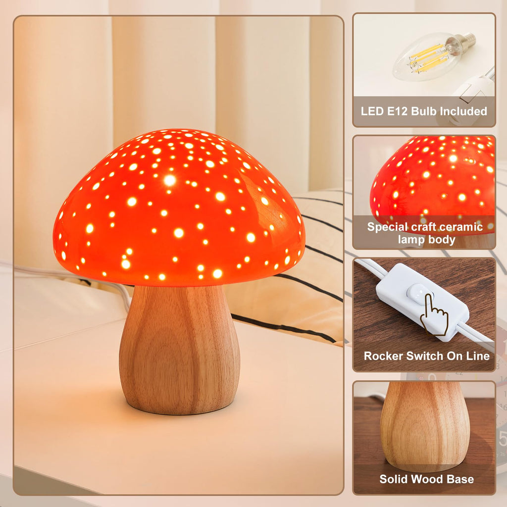 Mushroom Lamp Ceramic Bedside Table Lamp, Red