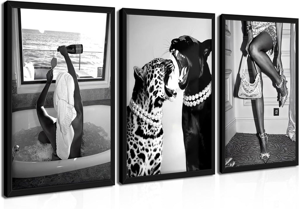 Framed Trendy Black and White Wall Art Set of 3, Fashionable Cheetah Wall Decor, Posters for Room Aesthetic, Modern