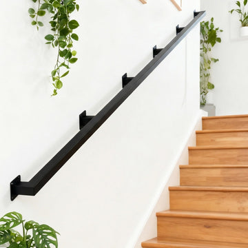 16FT Stair Railing Indoor Wall Mount, 500lb Black Handrail