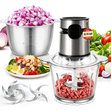 4 in 1 Glass Food Processor-2 Bowls(2 * 12Cups), Small Food Processor Mini (Silver)