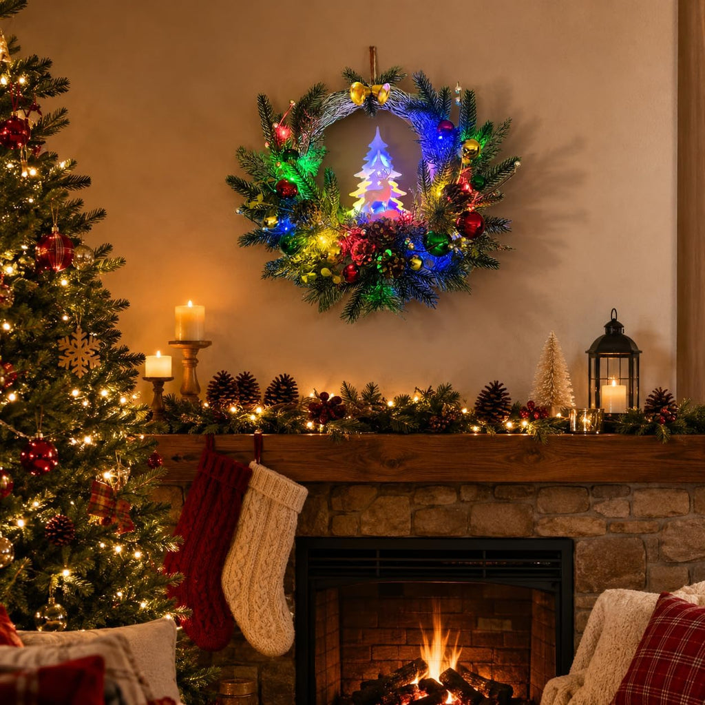 Pre-Lit Flocked Christmas Wreath with Reindeer 20 LEDs and Timer