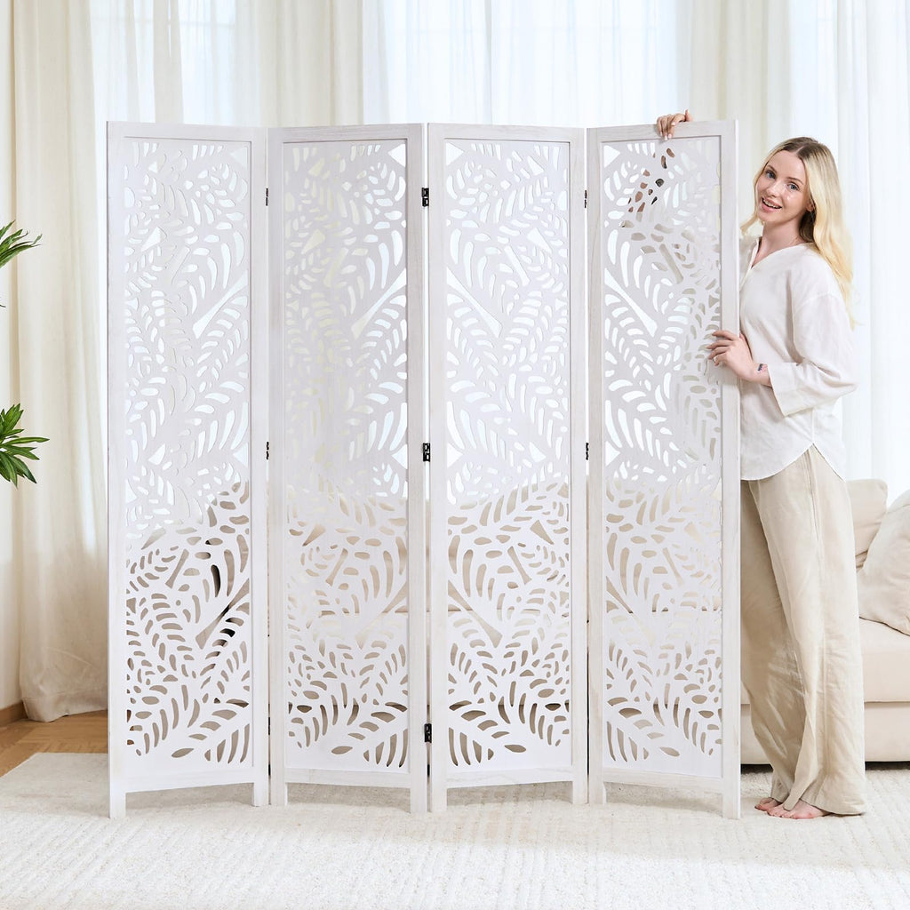 Leaf-Carved Room Divider Privacy Screen - 67 Inch Tall Foading Decorative Wood Screen Dividers Panel - Natural Wood