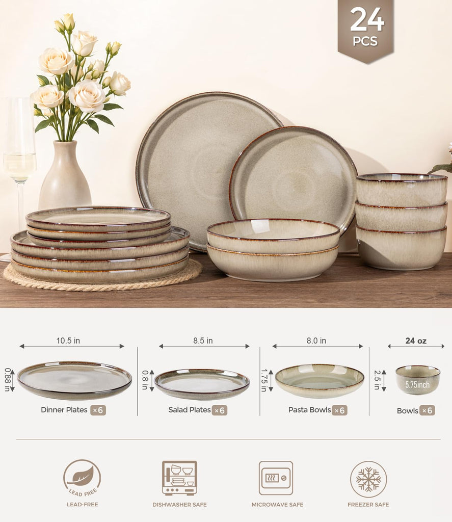 Dinnerware Sets for 6, 24 Pieces Ceramic Plates and Bowls Set