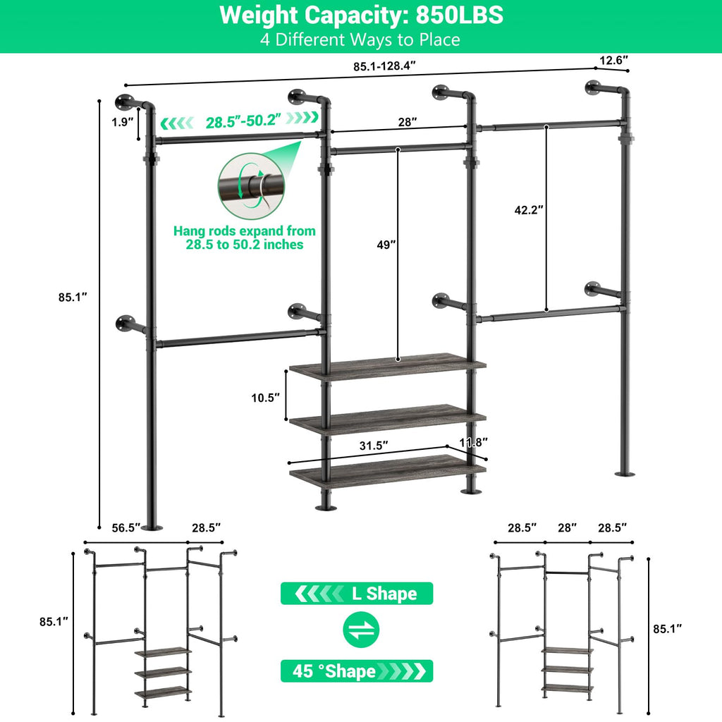 Expandable Industrial Pipe Clothing Rack, 7.3-10.9Ft Closet System