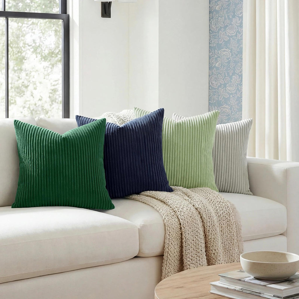 Spring Striped Corduroy Pillow Covers 20x20, Set of 2, Sage Green