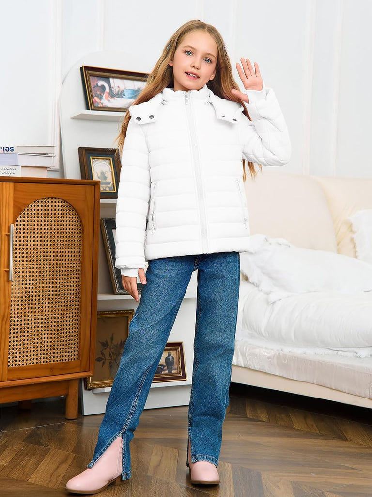 Girls Hooded Puffer Jacket Kids Winter Quilted Down Coats with Zipper Pockets