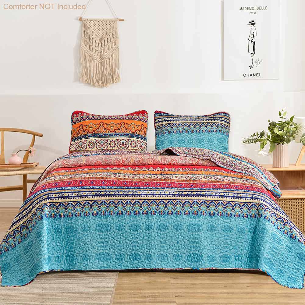 Quilt Sets 3PC, Bedspreads Coverlet, Quilts Bedding Set, Boho Red Blue Colorful Retro Striped Printed