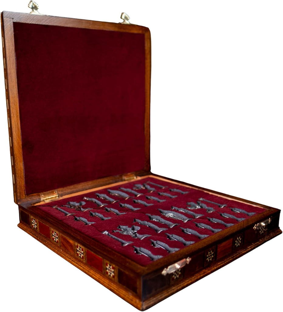 Medieval British Army Antique Copper Metal Chess Set for Adults,Handmade Pieces and Natural Solid Wooden Chess Board
