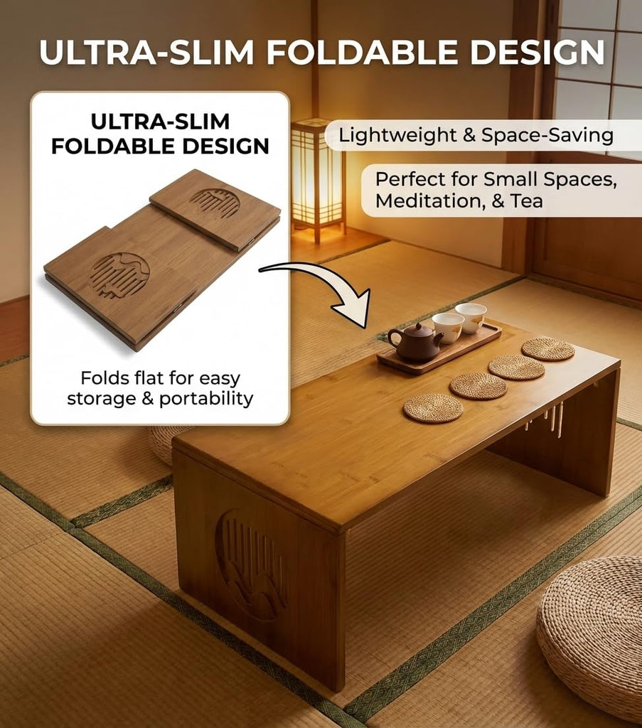Japanese Floor Table, Bamboo Low Desk for Tea Meditation, Foldable No Assembly (Table (80cm))