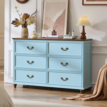 Farmhouse 6 Drawers, Vintage 54" Wide Chest of Drawers w/ 4 Wooden Legs, Rustic Large Closet Storage Dressers
