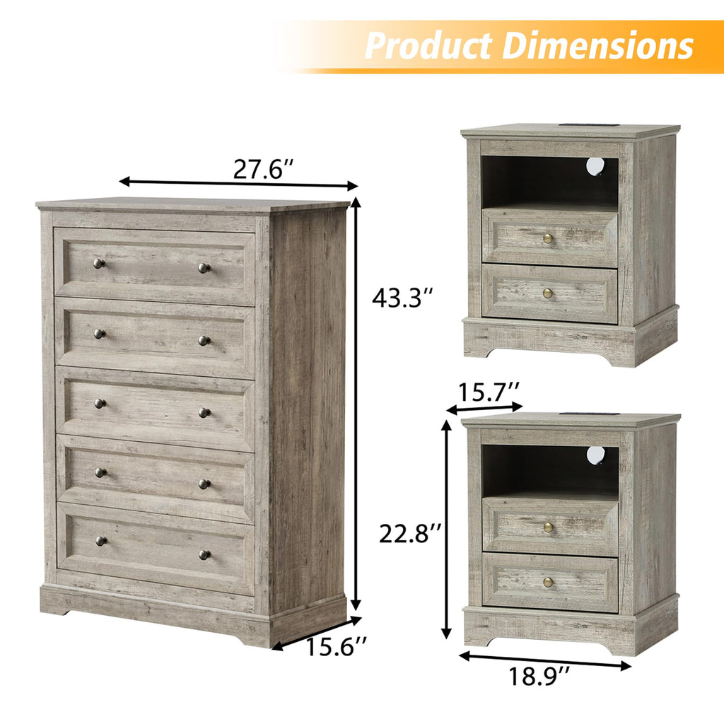 Farmhouse Bedroom Set, 3 Pcs and Nightstand Sets, 5 Drawer & 2 Drawer Nightstand Set with Charging Station, Rustic