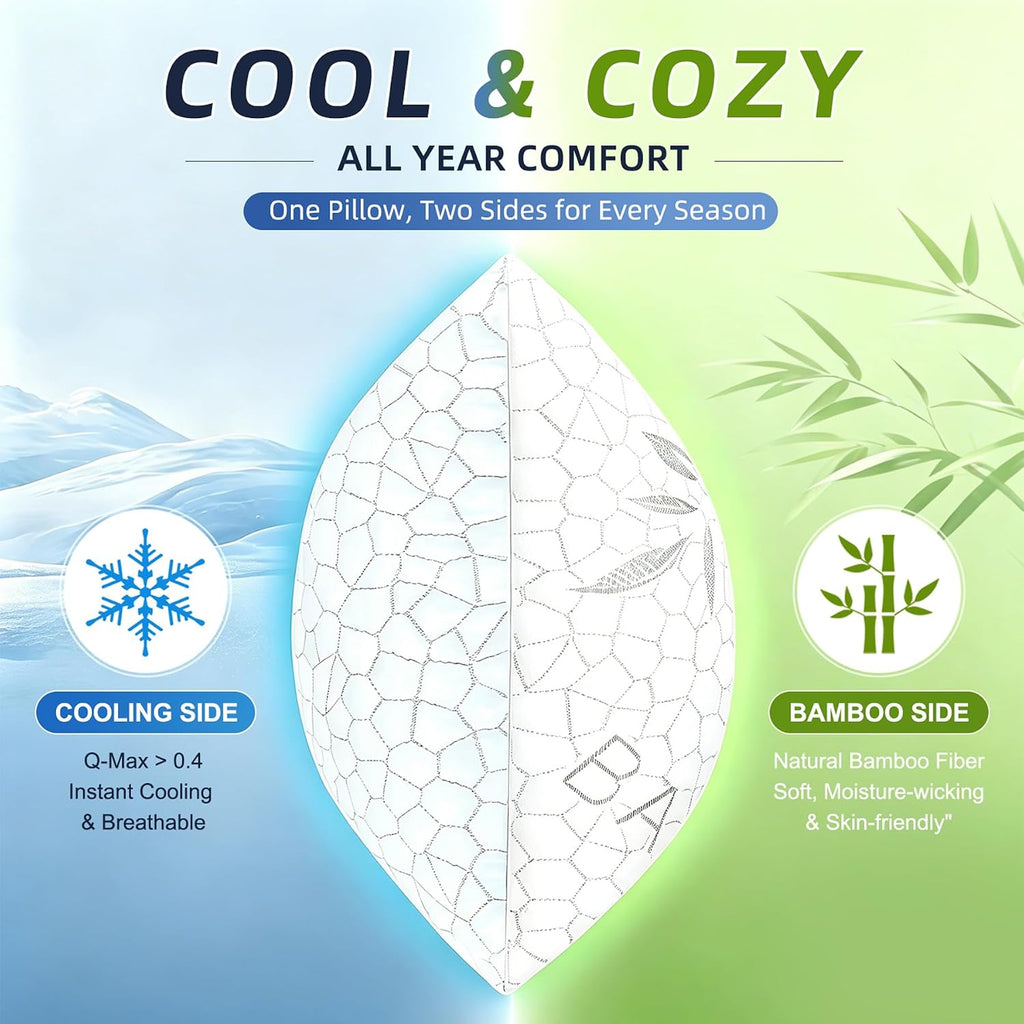 Bamboo Cooling Shredded Memory Foam Bed Pillows King Size Set of 2 | Plush Firm Support, Neck Pain Relief