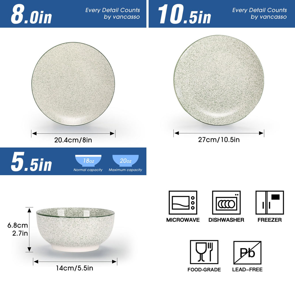 Dinnerware Set of 4,12 Piece Ceramic Plates and Bowls Set Green