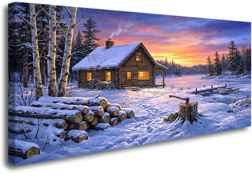 Blue Winter Cabin Wall Art Snow Landscape Canvas Print Framed Rustic Log House Pictures Sunset Lake Painting Bedroom