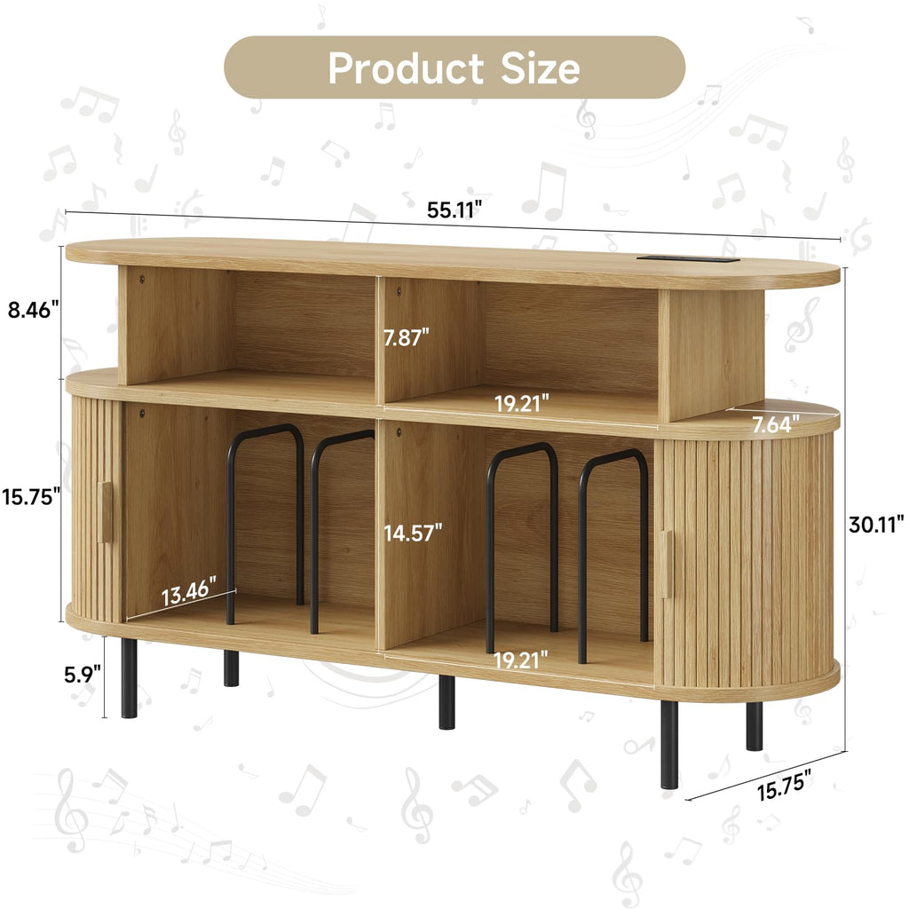 55" Large Round Record Player Stand with Charging Station, Oak