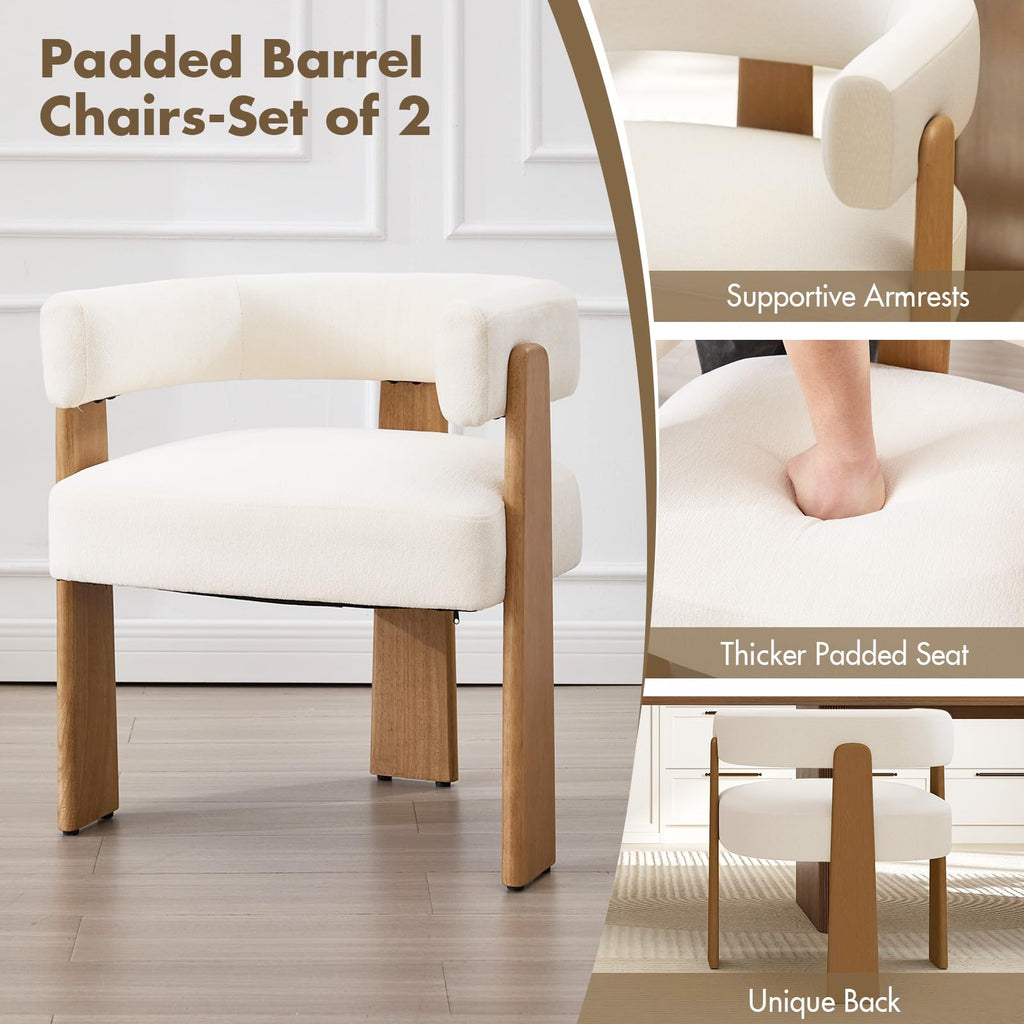 Set of 2 Modern Boho Barrel Dining Chairs with Wood Legs, White Upholstered Accent Armchairs with Thick Padded