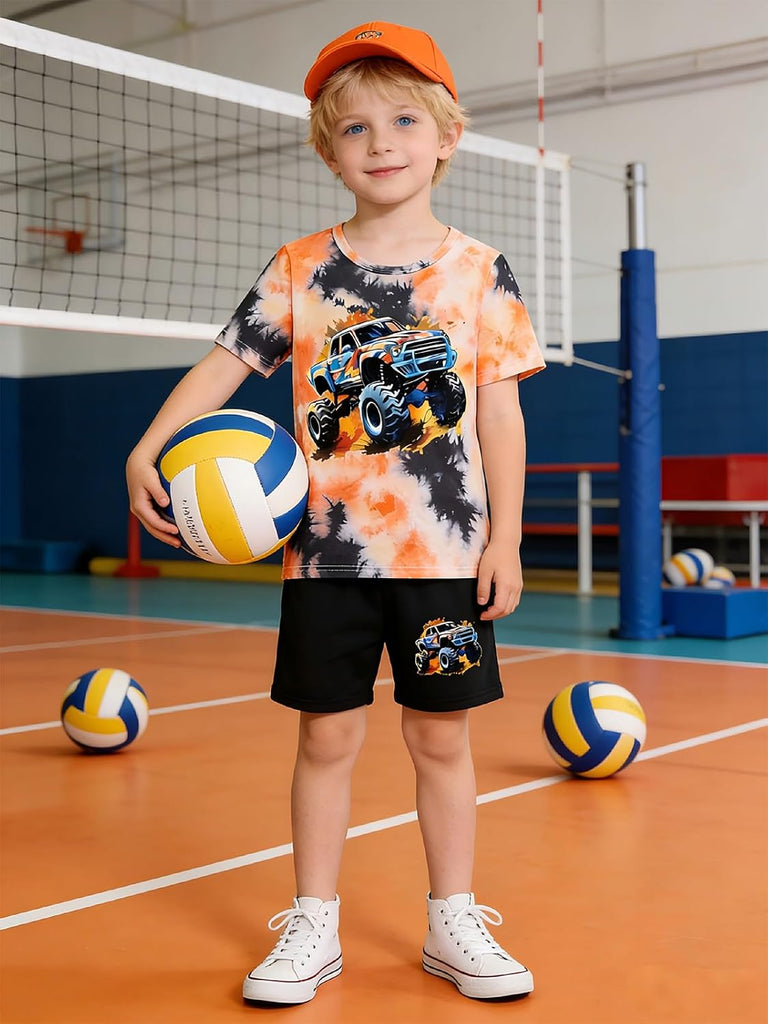 Boys Clothes Piece Summer Outfit 3D Car Print Tie-Dye T-Shirt & Elastic Waist Shorts for Kids Clothing Set