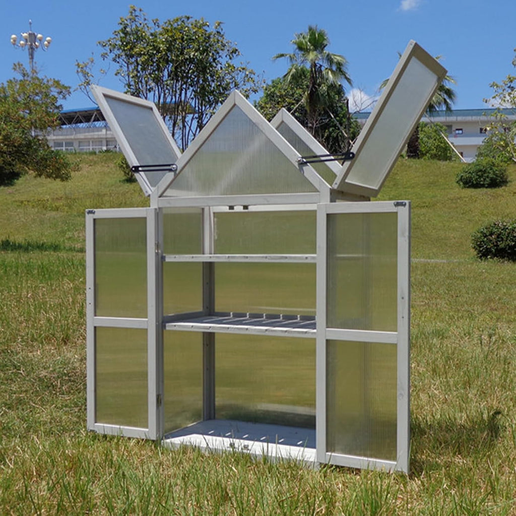 Wooden Mini Cold Frame Greenhouse for Outdoor with Adjustable Shelves, Opening Roof & Wall Mounts - Ideal , Balcony &