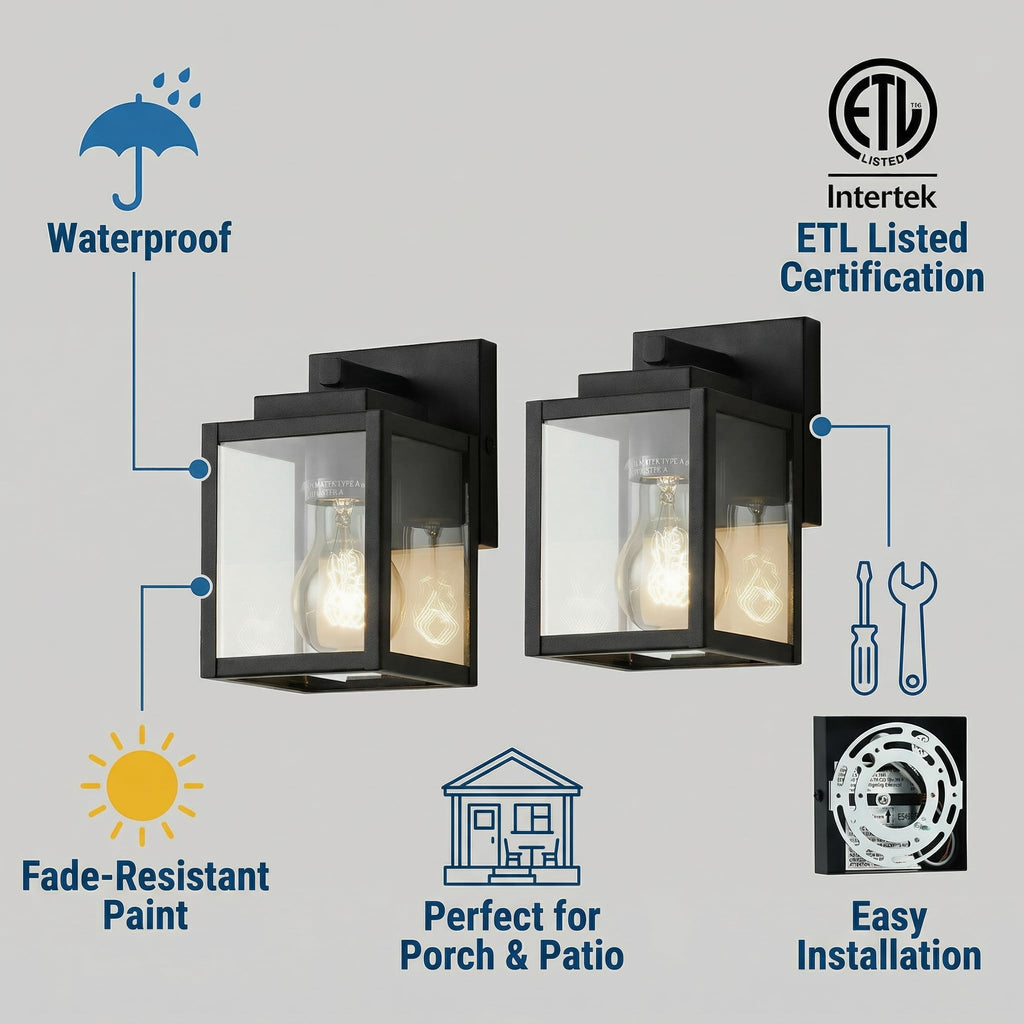 7" Classic Outdoor Wall Sconce 1 Light in Matte Black Rectangular Metal Frame and Clear Glass Shade Waterproof Porch