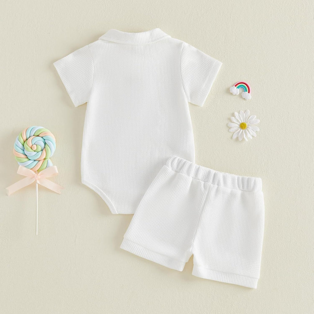 Baby Boy Summer Outfit Waffle Knit Short Sleeve Collared Romper Shorts Set 0 3 6 9 12