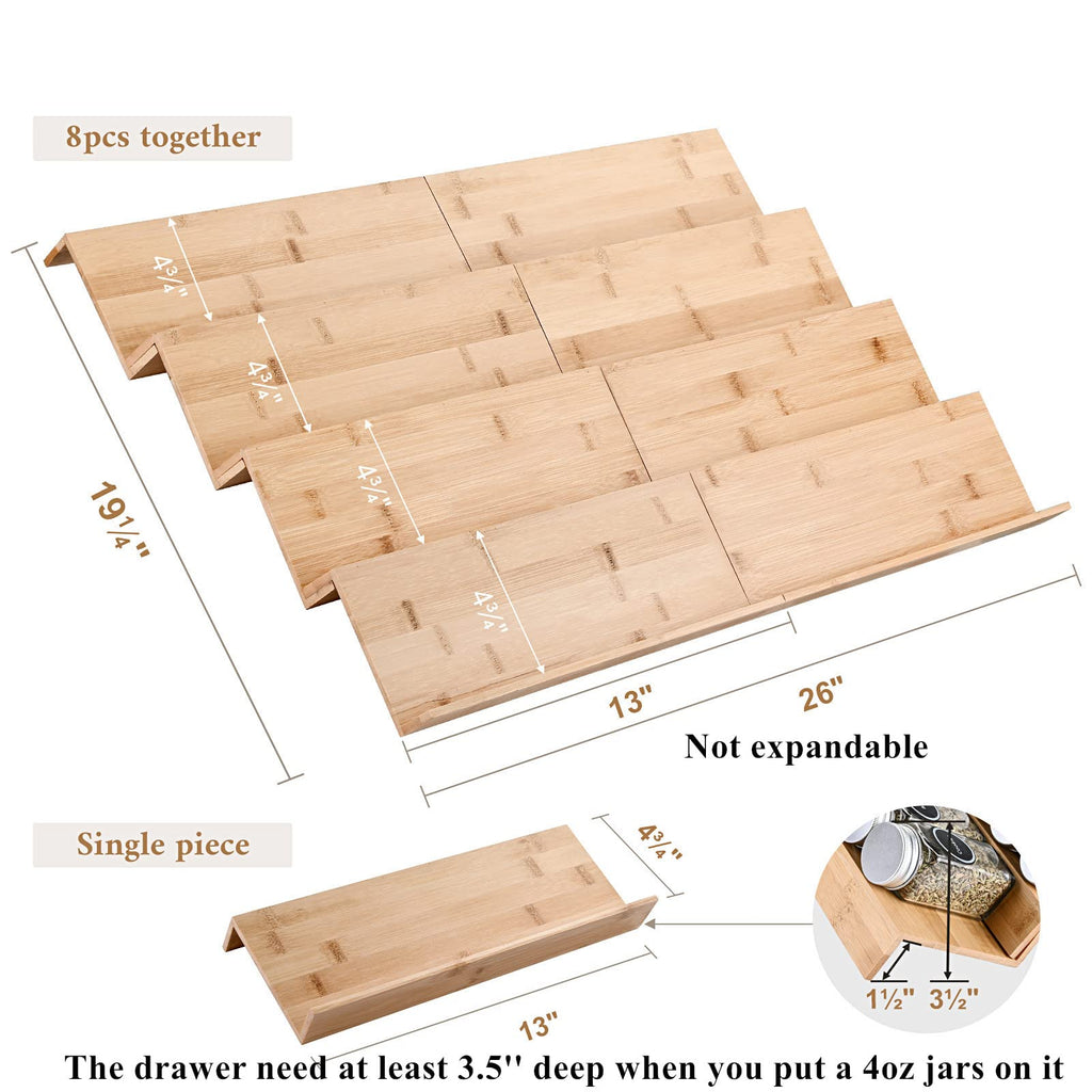 Bamboo Spice Rack Tray - Spice Drawer Organizer Cabinets Storage and Organization (Jars Not Included, 8 Individual