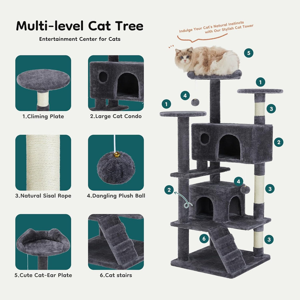 54-inch Indoor Cat Tree Tower - Multi-Level Pet House for Large Cats with 2 Condos, Scratching Posts, Round Platform
