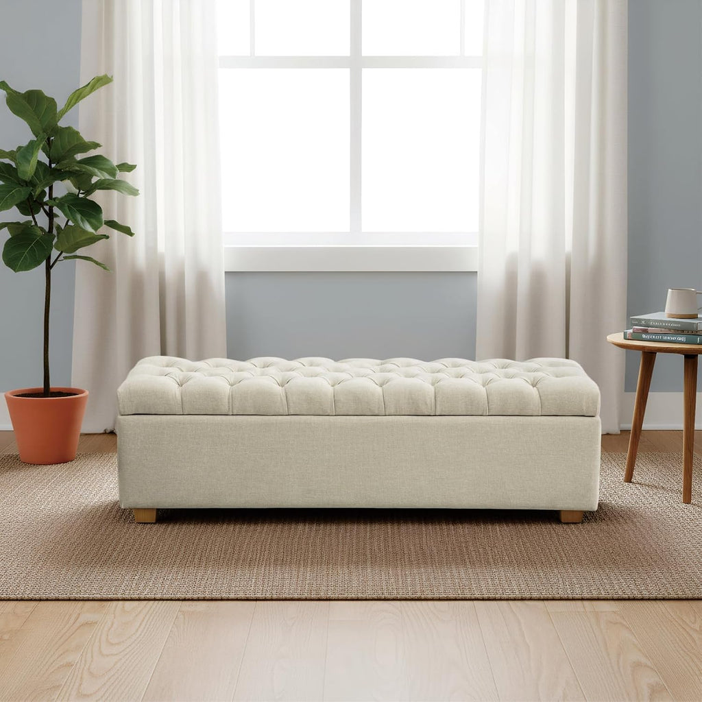 60" Ottoman with Storage Oversized End of Bed Storage Bench Upholstered Benches -Beige