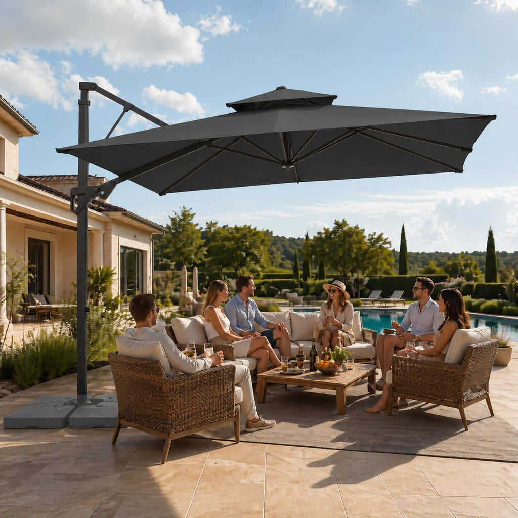 9x9 ft 2-Tier Cantilever Patio Umbrella, Large Square Outdoor Offset Umbrella with Double Top Vent and 360-degree - Gray