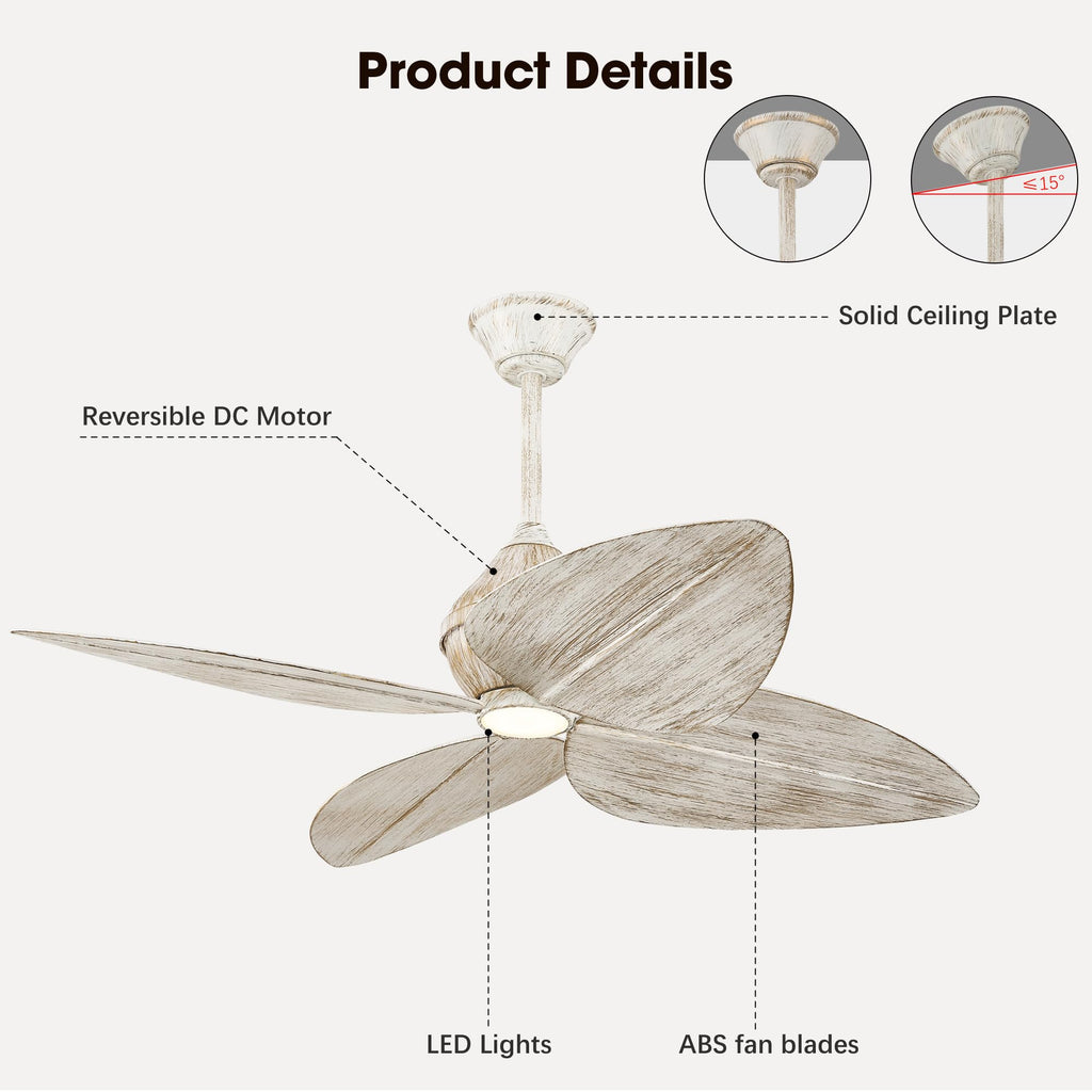 52" Leaf Ceiling Fans with Lights, (Rustic White Gold)