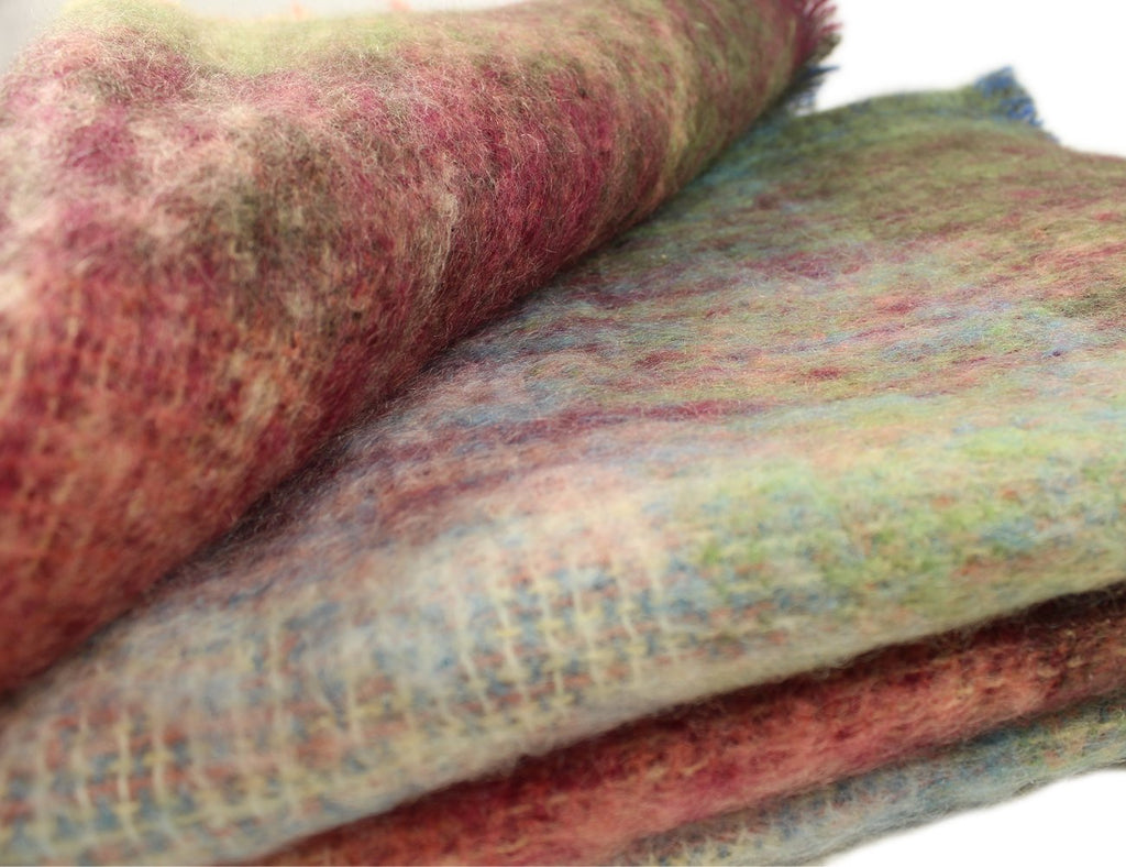 Irish Mohair & Wool Throw Blanket, 54x72in, Plaid Multicolor