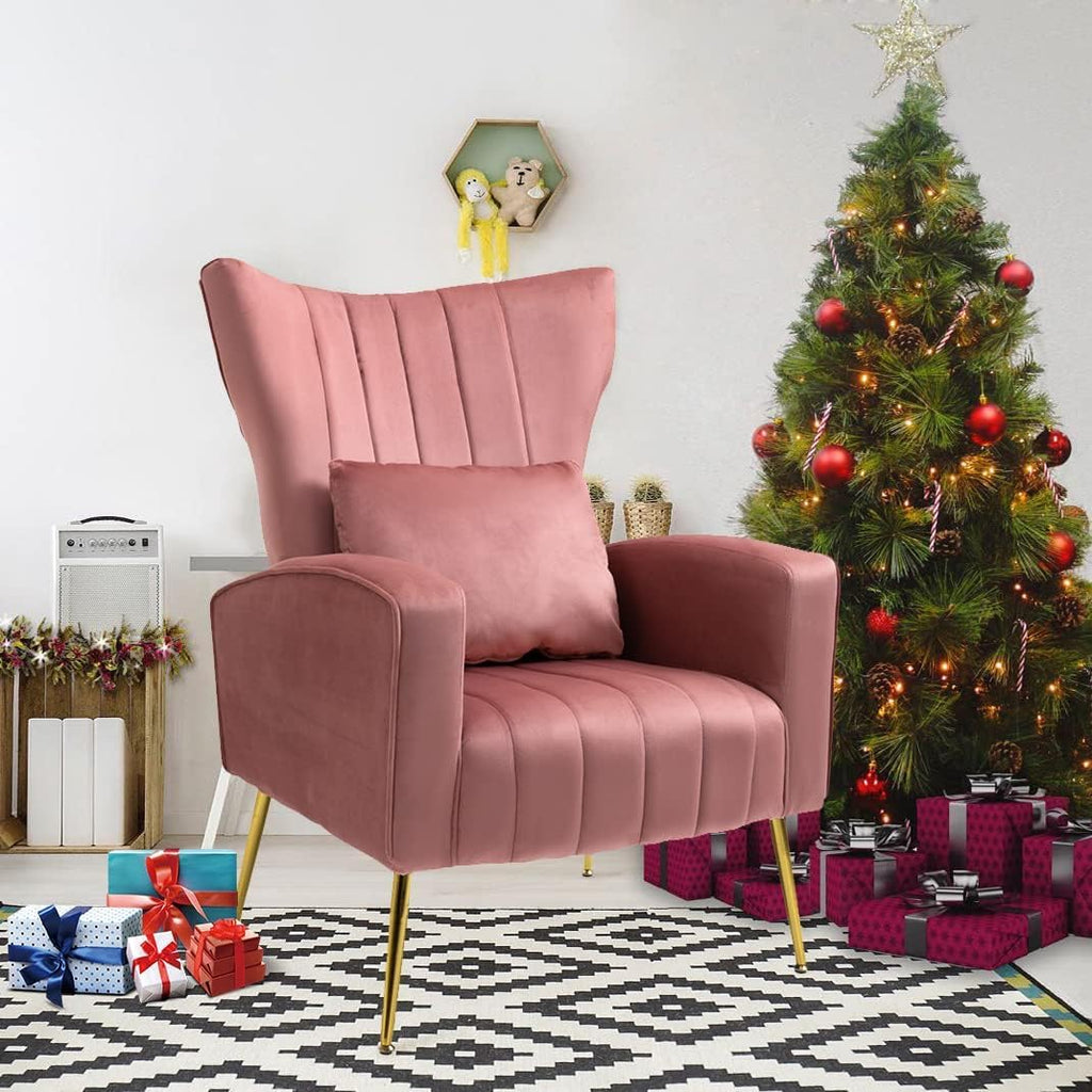 Velvet Accent Chair Bedroom, Modern Arm Chair with Wingback & Gold Metal Legs, Lumbar Pillow Included, Blush Pink