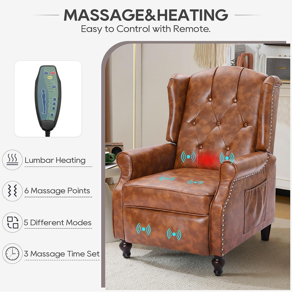 Wingback Recliner Chair with Massage and Heat, Upholstered Fabric Living Room Chair Armchair with Nailhead Trim,Push