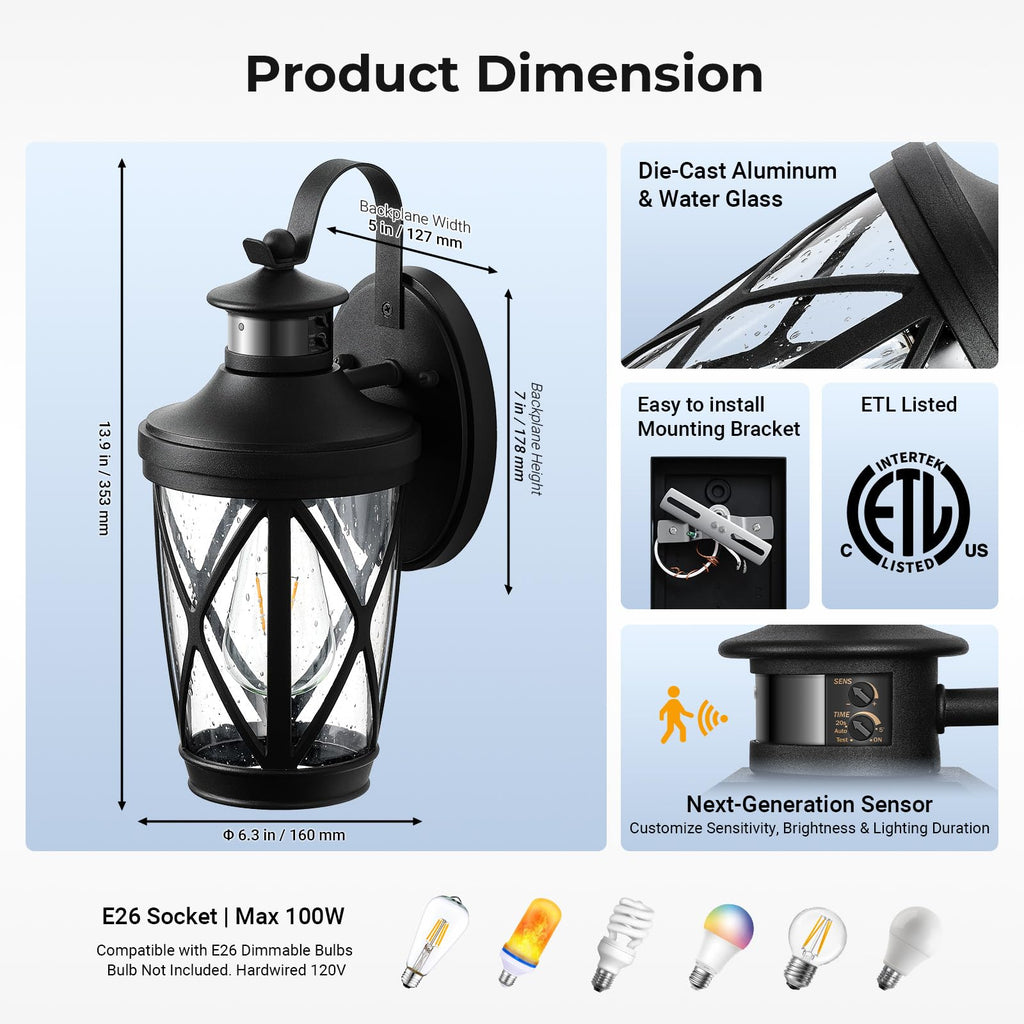 Porch Lights Outdoor Motion Sensor, 2-Pack Black Outdoor Wall Lights