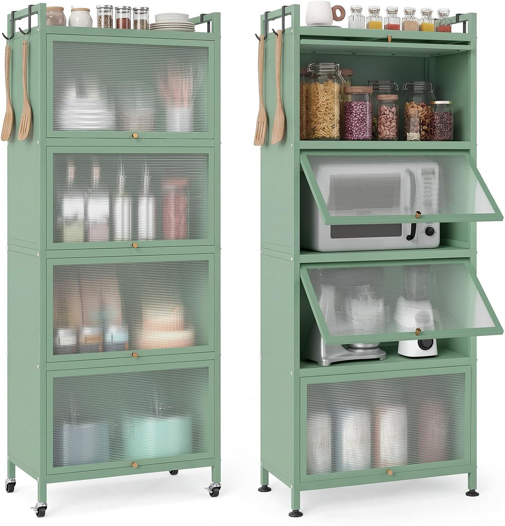 5-Tier Kitchen Storage Cabinet, 4 PC Doors, Rolling Wheels, Green | Mobile Metal Pantry Cabinet with 4 Hooks &
