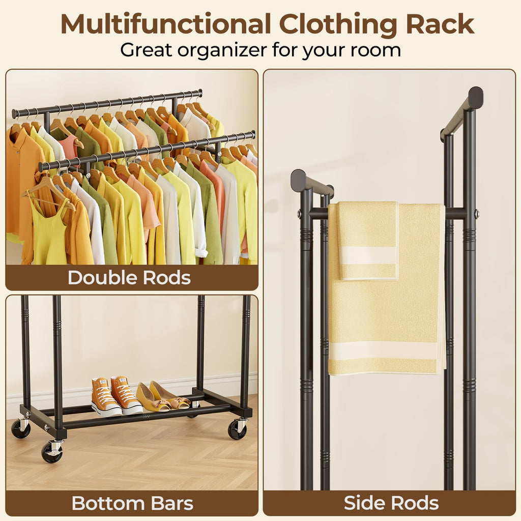 Double Rods Clothes Rack, Rolling Clothing Rack for Hanging Clothes Portable Wardrobe, Metal Garment Rack Sturdy Coat