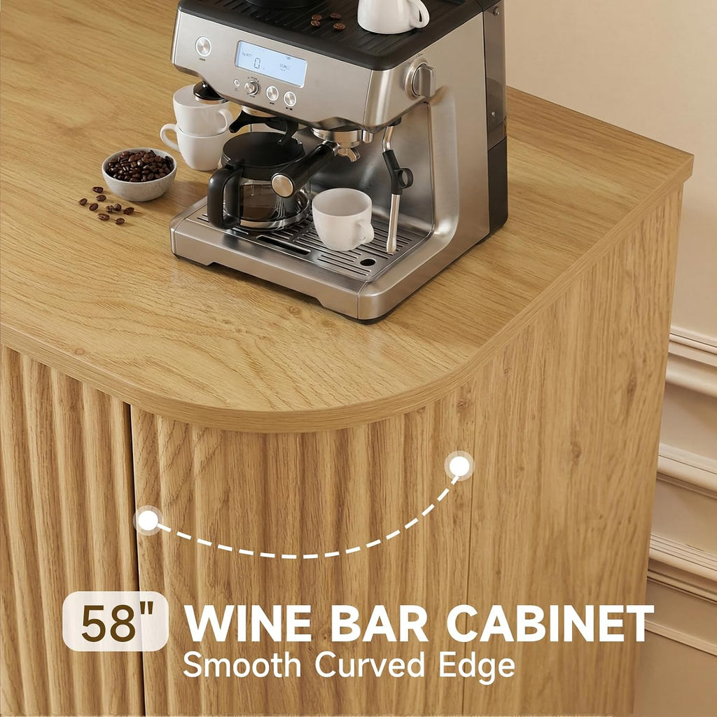 Fluted Coffee Bar Cabinet, 58" Wine Cabinet with Rack&Glass Holder | Wooden Buffet Sideboard, Farmhouse Liquor