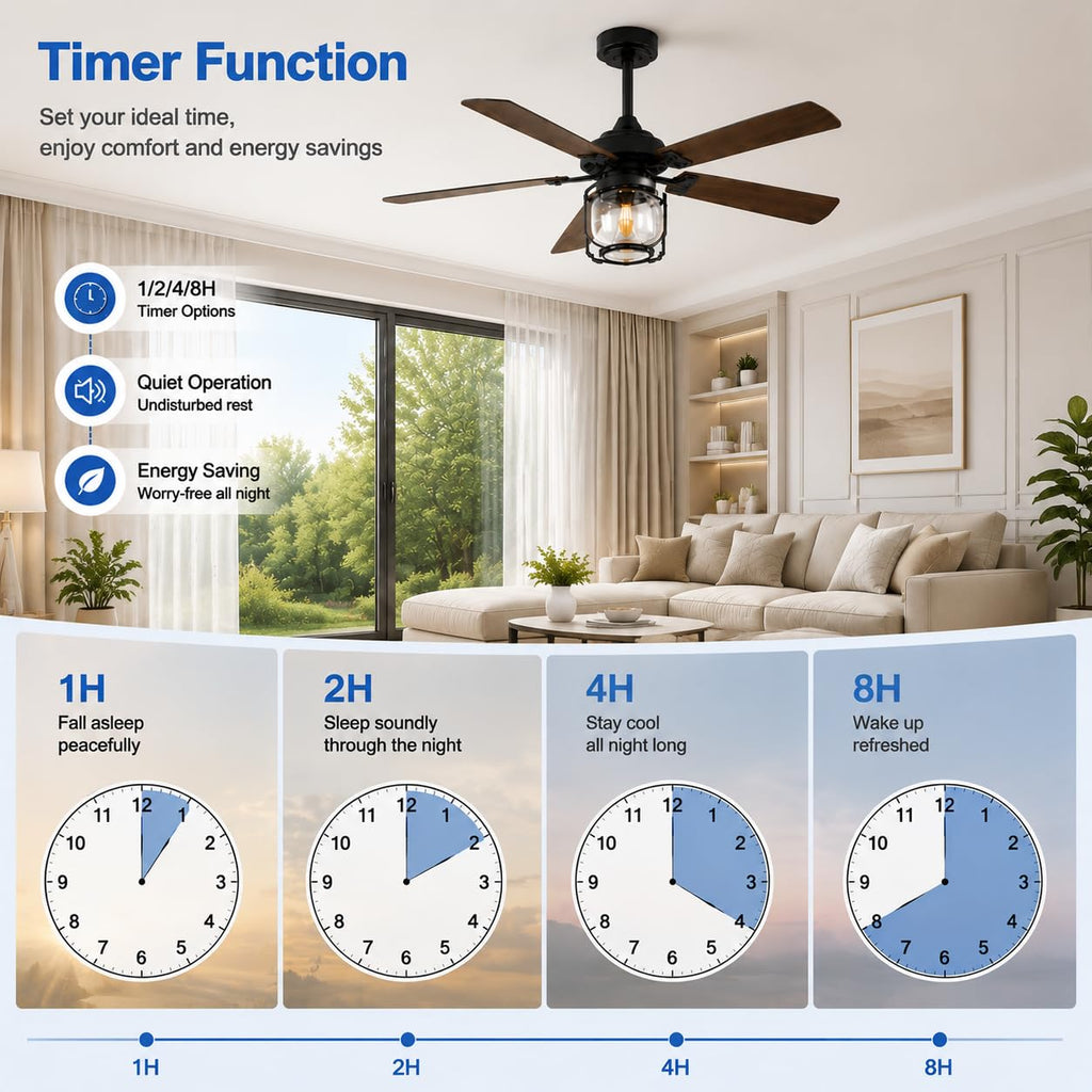 52 Inch Ceiling Fan with Light and Remote, Farmhouse Ceiling Fan, Rustic Ceiling Fan with Reversible DC Motor, 6
