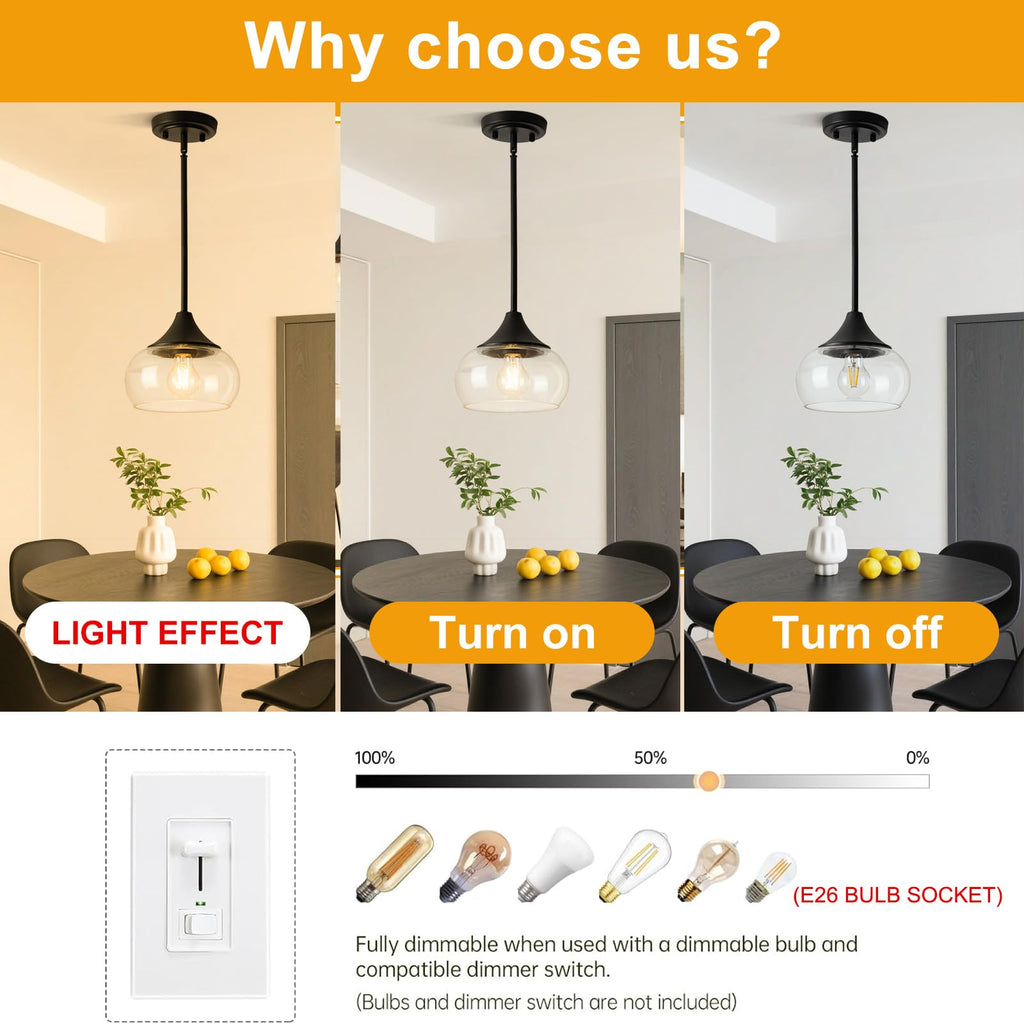2 Pack Pendant Lights Kitchen Island, Modern Black Pendant Light Fixtures with 8.5" Clear Glass Shade, Industrial