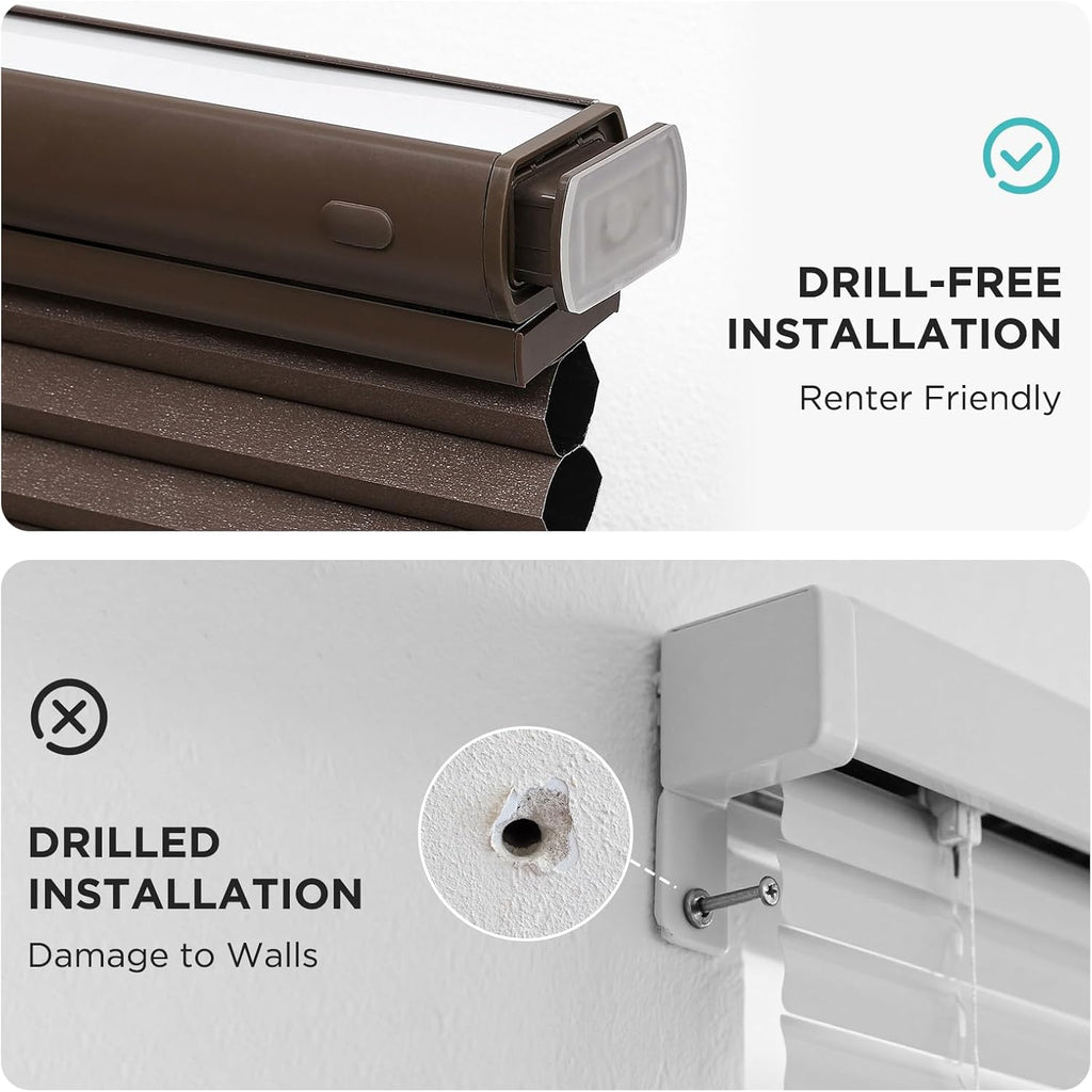 No Drill Blackout Cellular Shades, Brown, 22" W x 64" H | Cordless Top Down Bottom Up Blinds, No Drill Installation