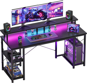 55 Inch Gaming Desk with LED Lights & Storage Shelves, Black | Customizable LED lighting • Raised monitor stand •