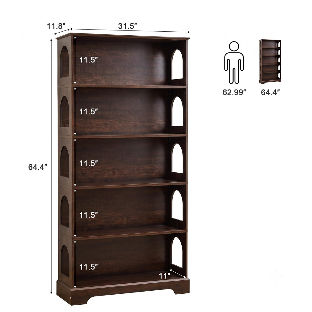 5-Tier Bookshelf, 64inch Tall Wood Bookcase, Dark Walnut