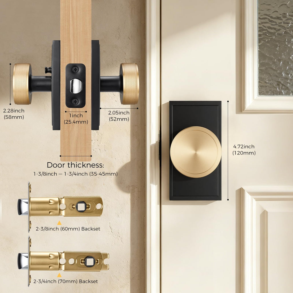 Knurled Matte Black & Brass Square Rosette Privacy Door Knob