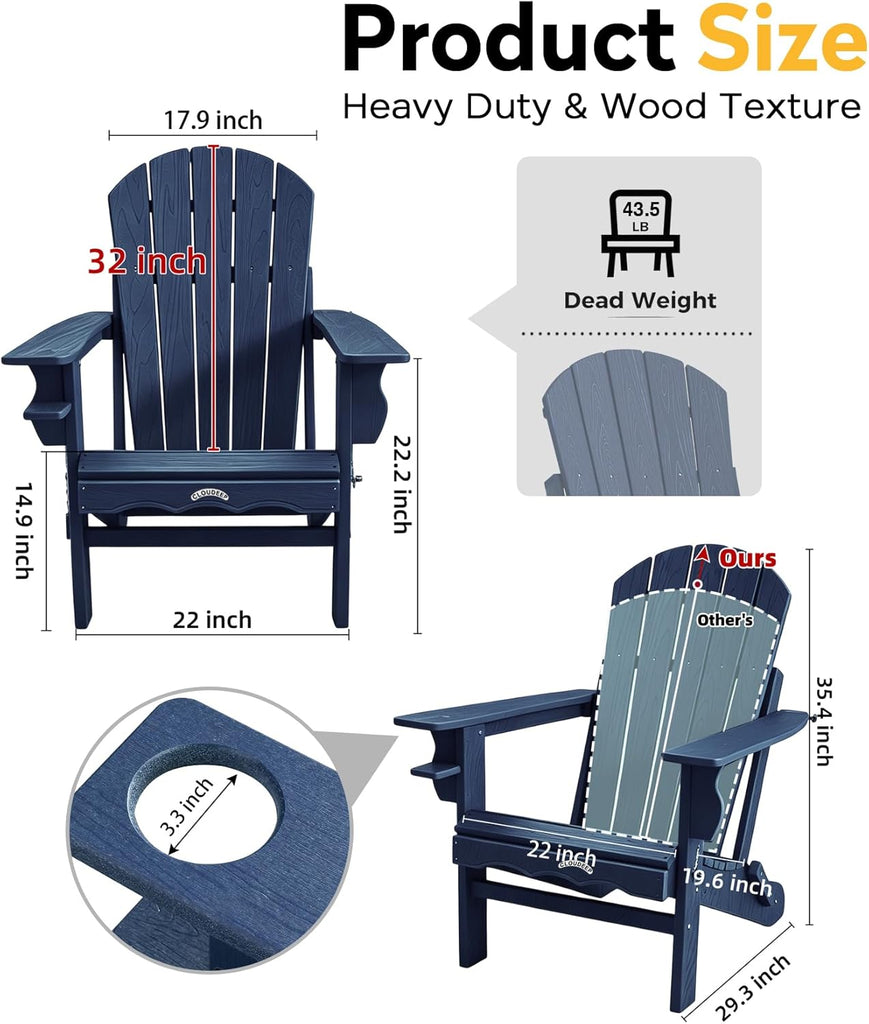 Folding Adirondack Chair, 25 Year Fade Proof Outdoor Patio Chairs | All-Weather Resistant,400 LBS Capacity,Wooden