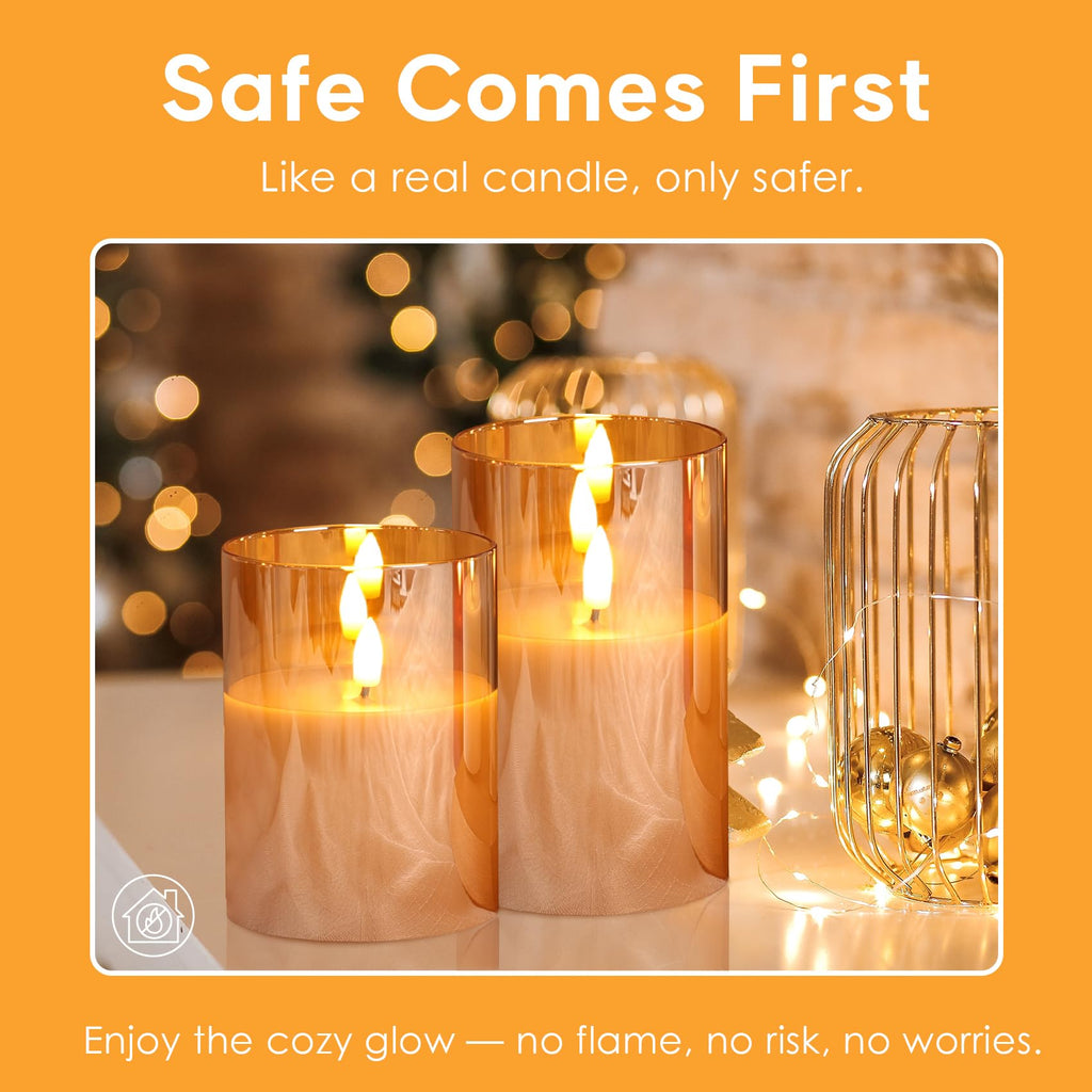 Gold Glass Flameless Pillar Candles with Remote, Flickering Fall LED Candles Battery Operated Set of 3