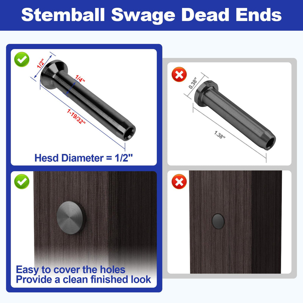 40Pack 1/8" Stainless Steel Black Stemball Swage Dead Ends for Deck Cable Railing, Invisible Cable Railing Hardware