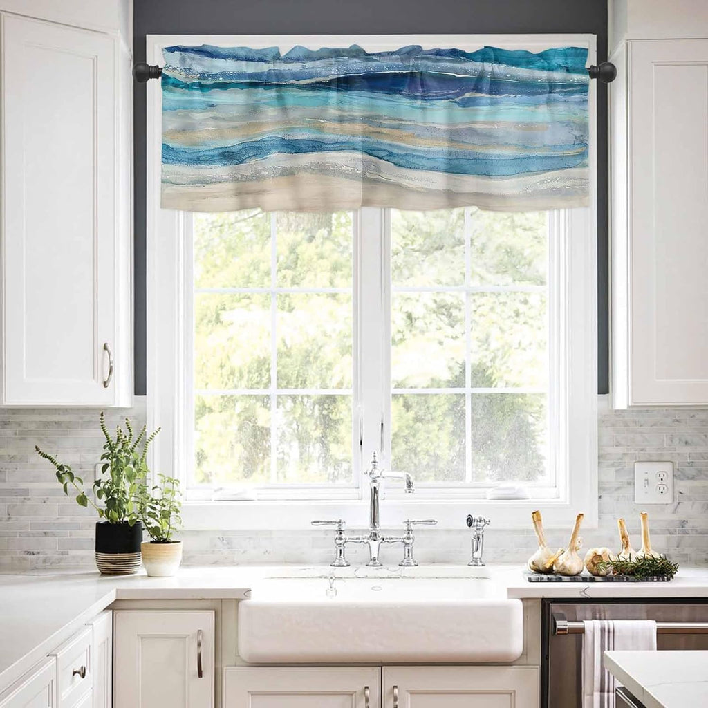 Coastal Beach Valances - Navy Blue Kitchen Curtains - Abstract Blue Wave Window Treatment - Modern Ombre Valances