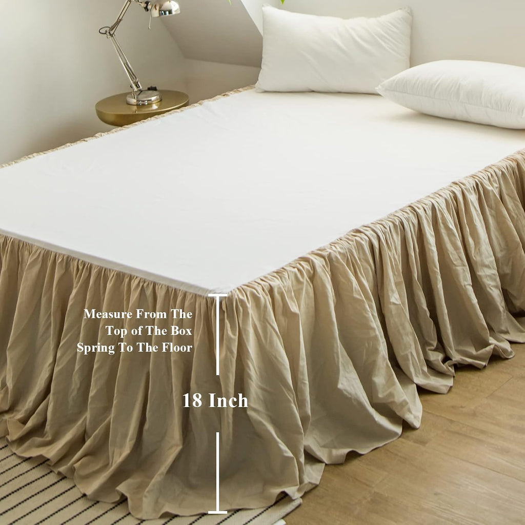 French Linen Bed Skirt with Pleated Frills 18-Inch Tailored Drop Natural Flax Cotton Blend Dust Ruffle Soft Cozy