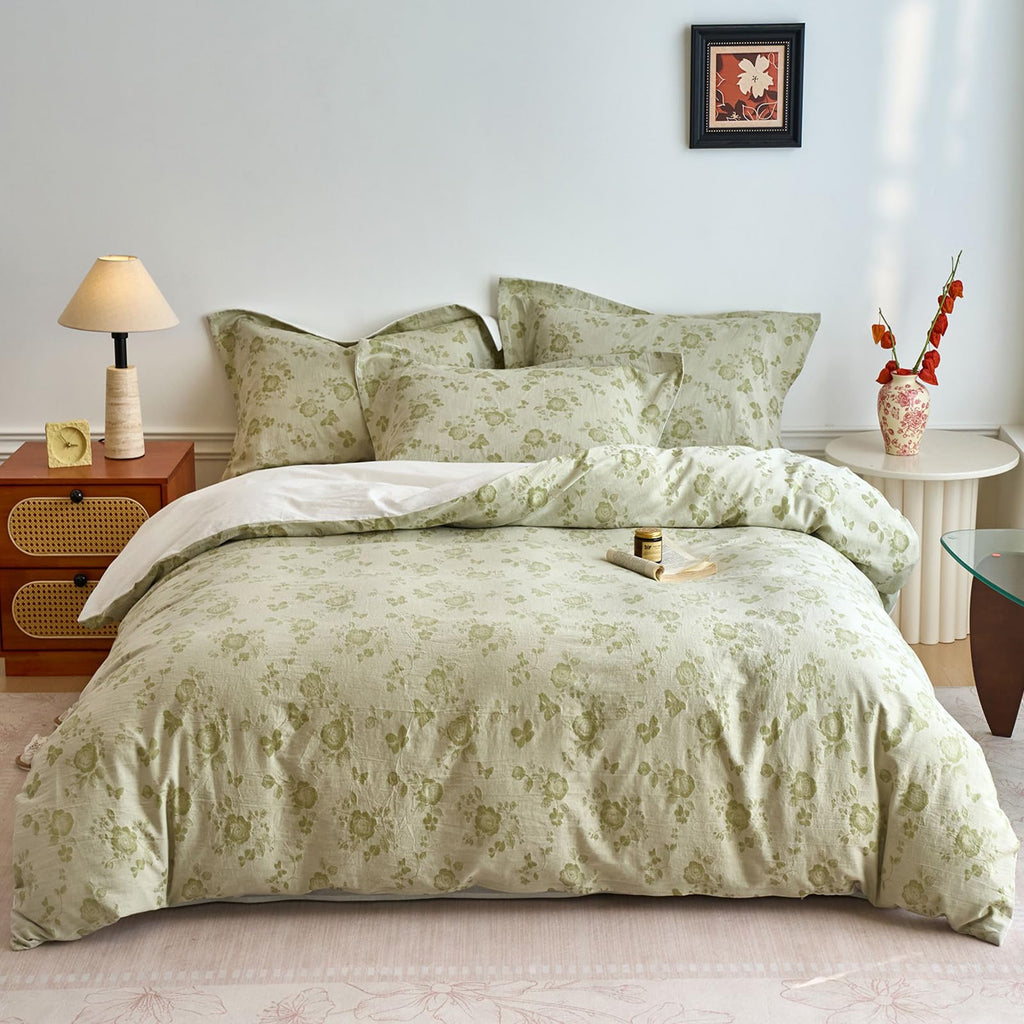 Sage Green Floral Duvet Cover Twin XL Textured Design, Premium Muslin Cotton Coquette Floral Comforter Cover Set for