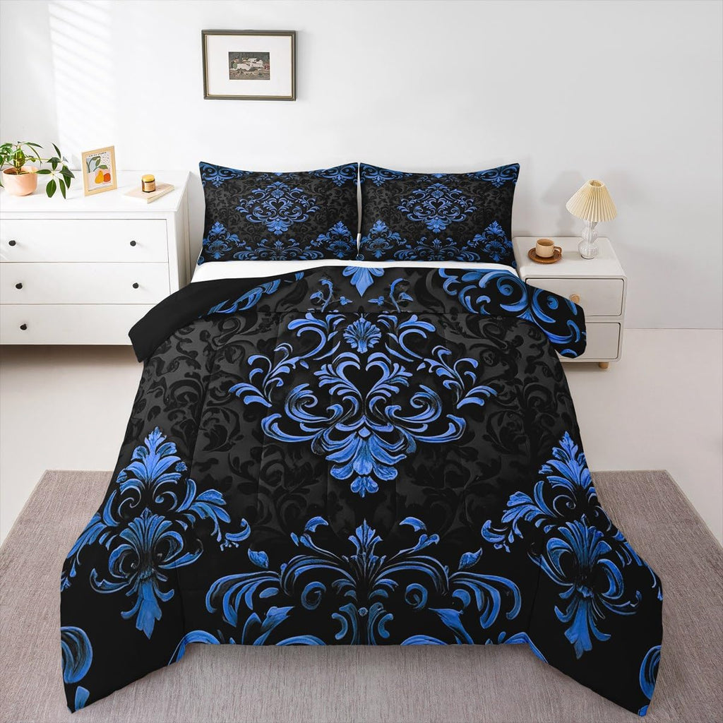 Black Blue Gothic Comforter Set Twin, Vintage Boho Damask Floral