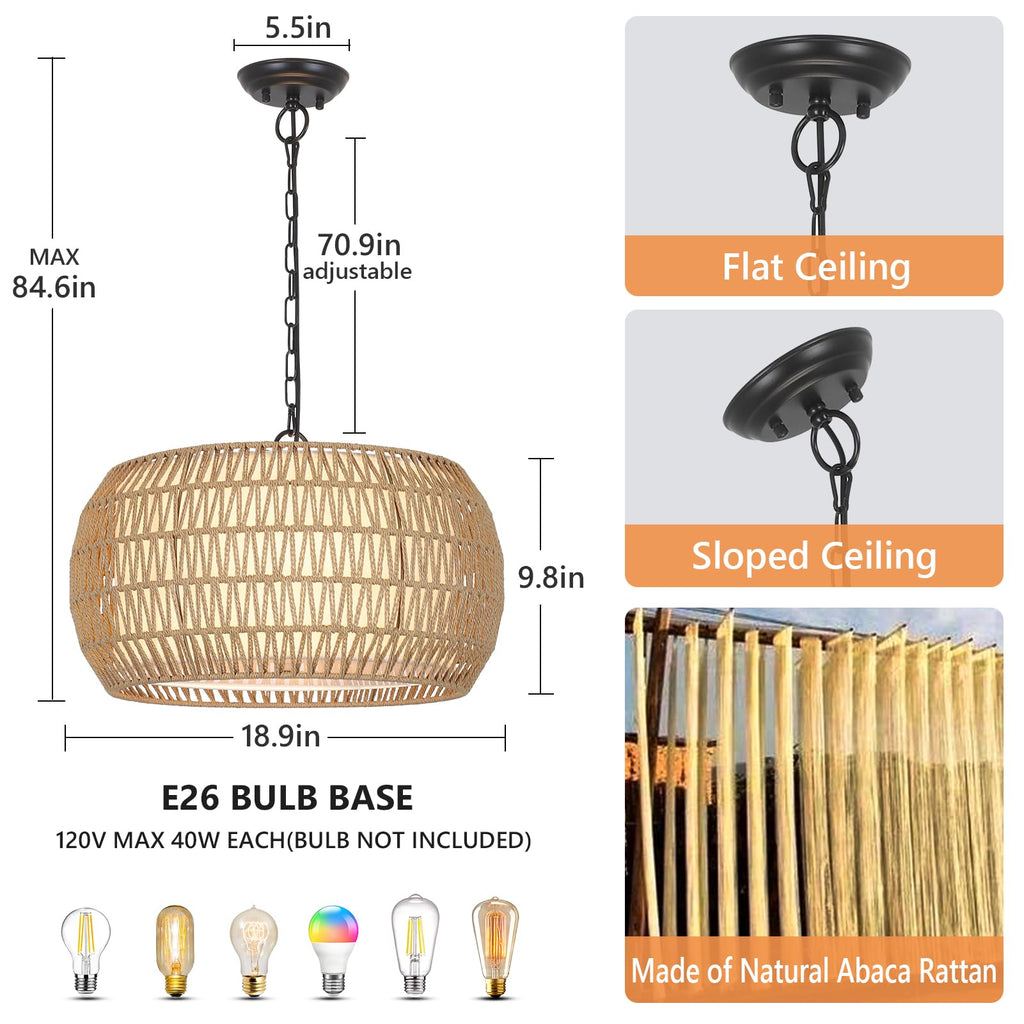 Rattan Farmhouse Chandelier Light Fixtures, 5-Lights Boho Large Pendant Light, Hand Woven Chandeliers with Fabric